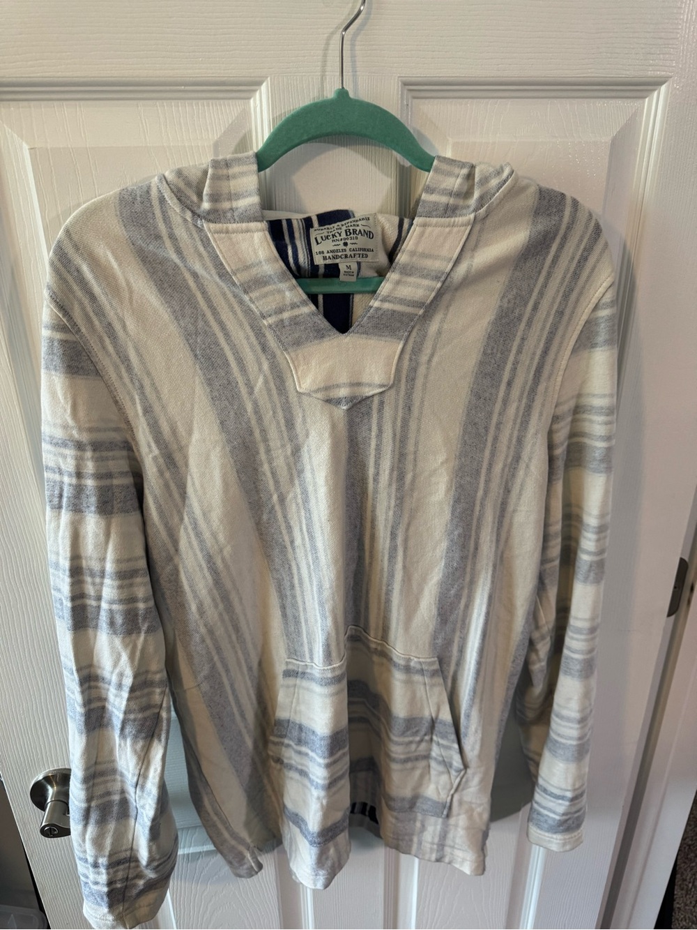Lucky Brand Men's Cream and Gray Striped Hooded Crewneck Sweater